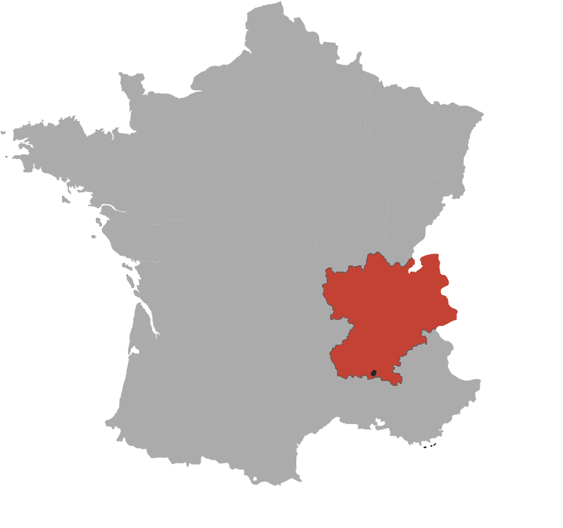 Carte Rhône-Alpes : Localisation de la Région en France Carte de France avec la région Rhône-Alpes mise en évidence en rouge sur un fond gris.